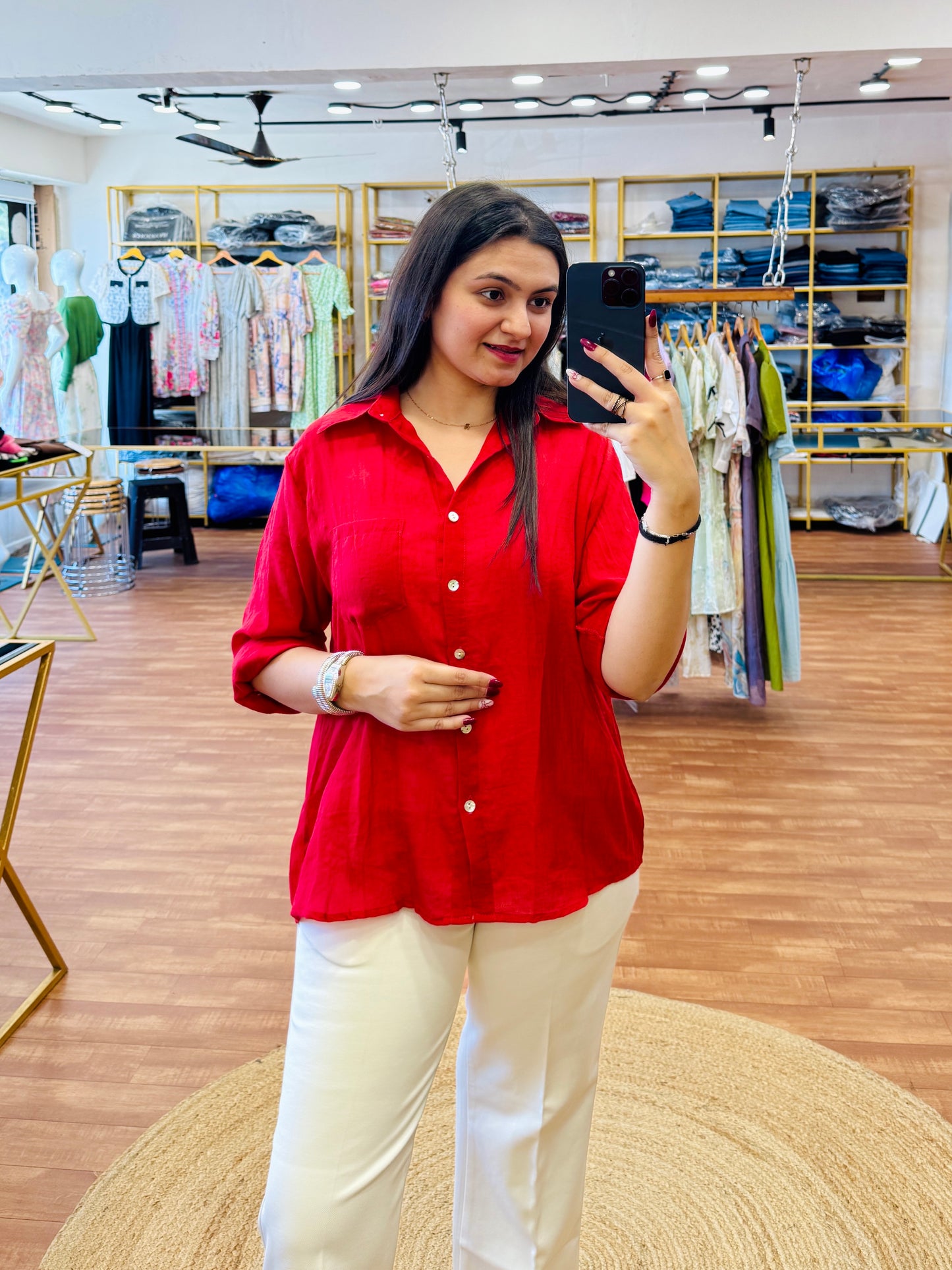 RED MUL COTTON PLAIN SHIRT WITH BELL BOTTOM PANT SET