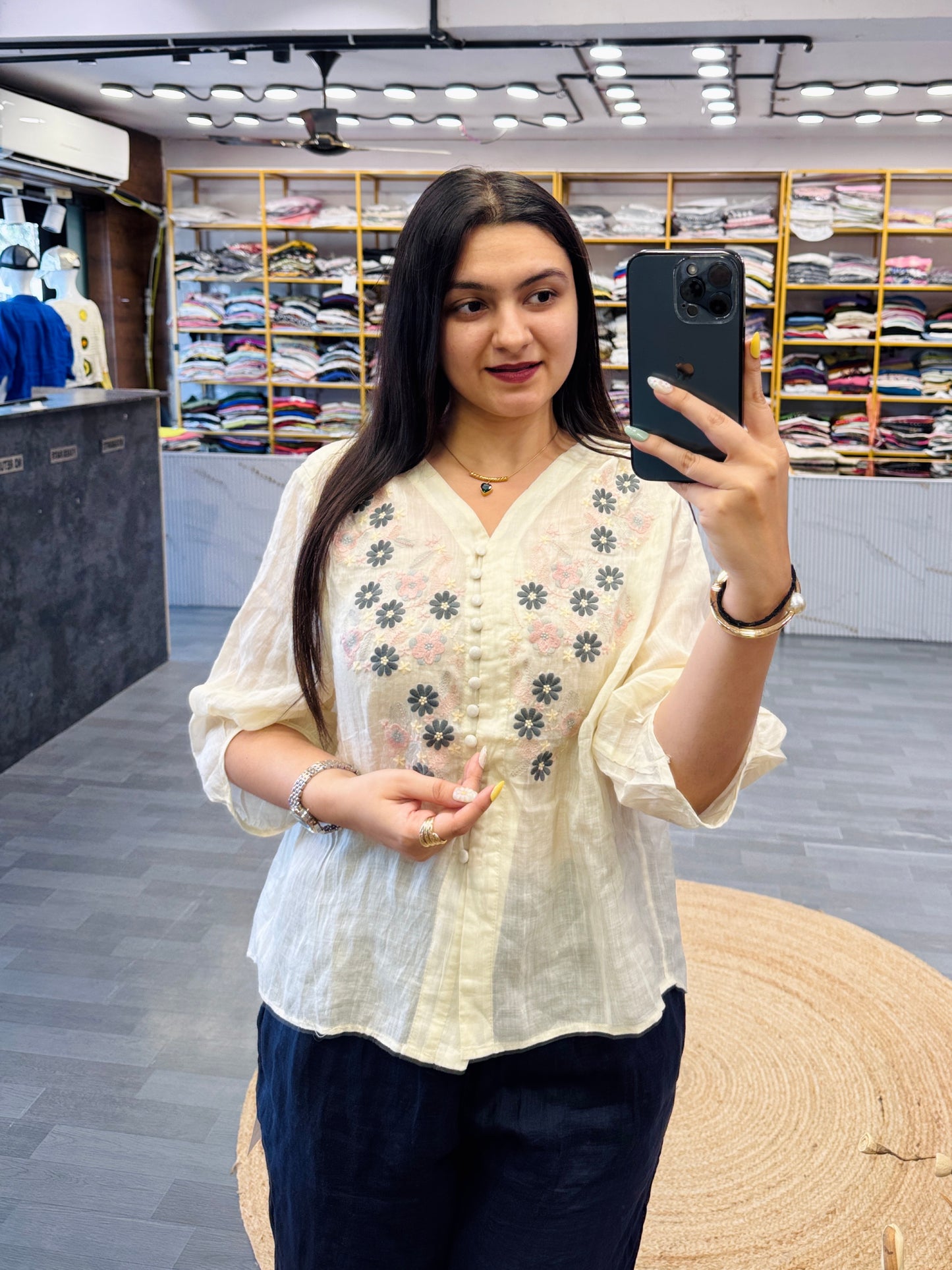 OFF WHITE LINEN FLOWER EMBROIDERY TOP WITH NAVY BLUE BOTTOM EMBROIDERY LINEN PLAZZO PANT