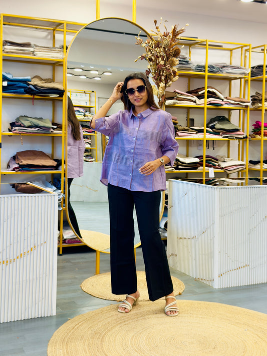 PURPLE LACE LINEN SHIRT  WITH BELL BOTTOM PANT SET