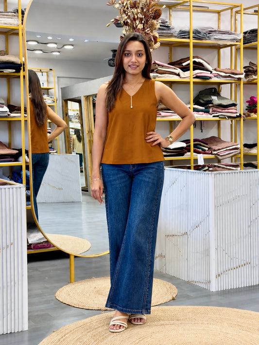 ORANGE SOEEVELESS TANK TOP WITH IMPORTED SOFT DENIM PANT SET