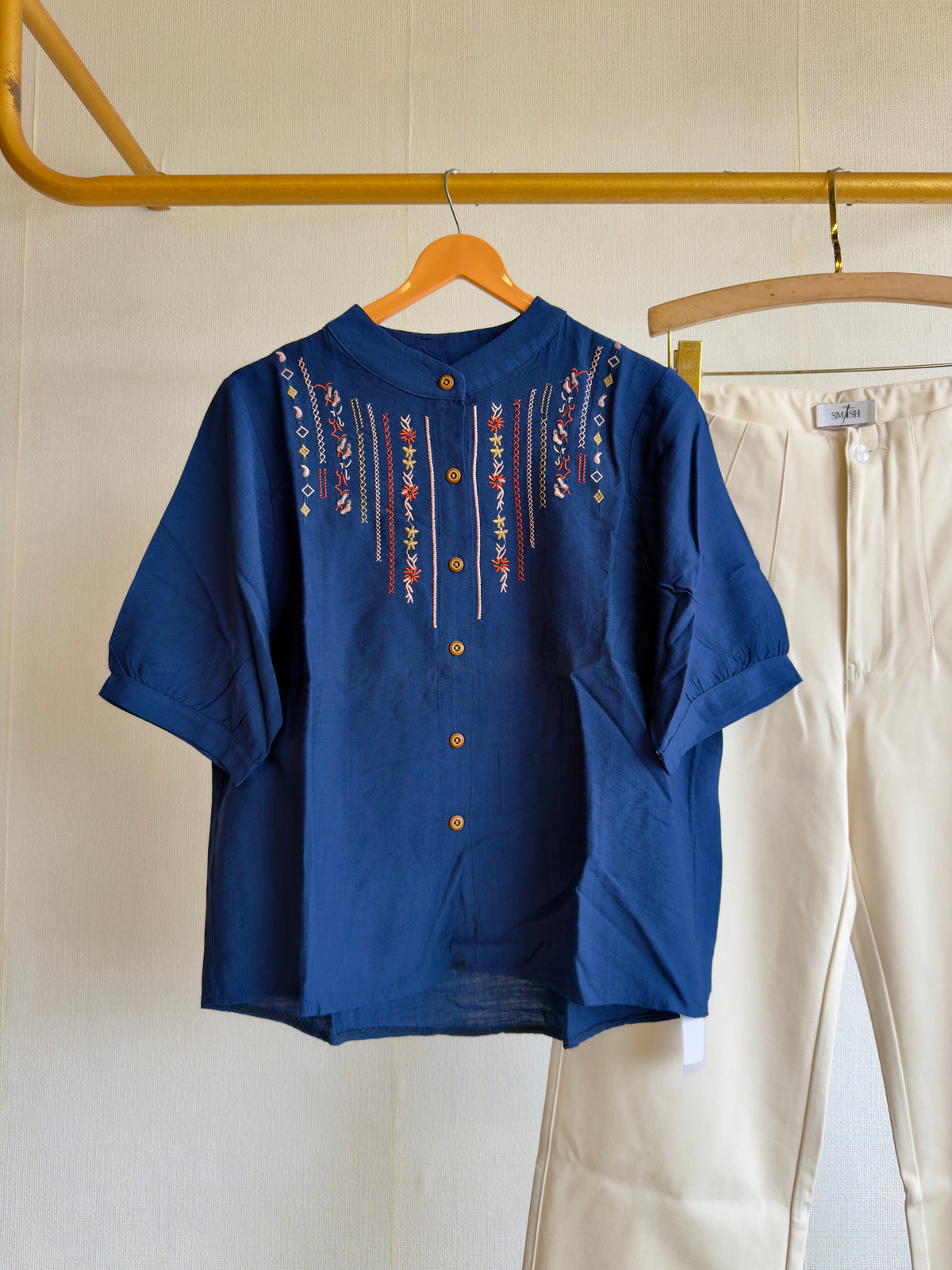 NAVY BLUE EMBROIDERY CASUAL TOP WITH STRAIGHT TROUSER PANT SET