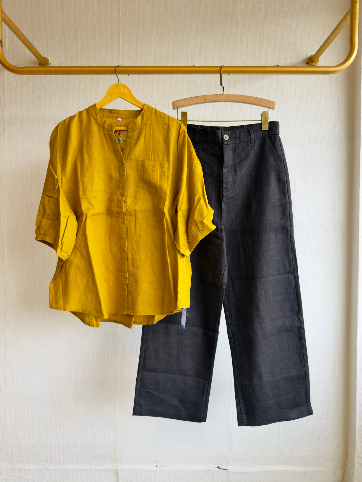 BACK FLOWER EMBROIDERY TOP LINEN TOP WITH LINEN STRAIGHT PANT SET
