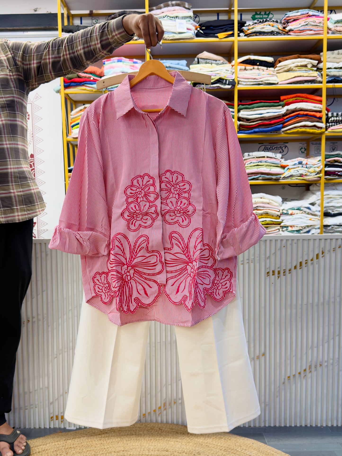 FLOWER EMBROIDERY STRIPS SHIRT WITH BELL BOTTOM PANT SET
