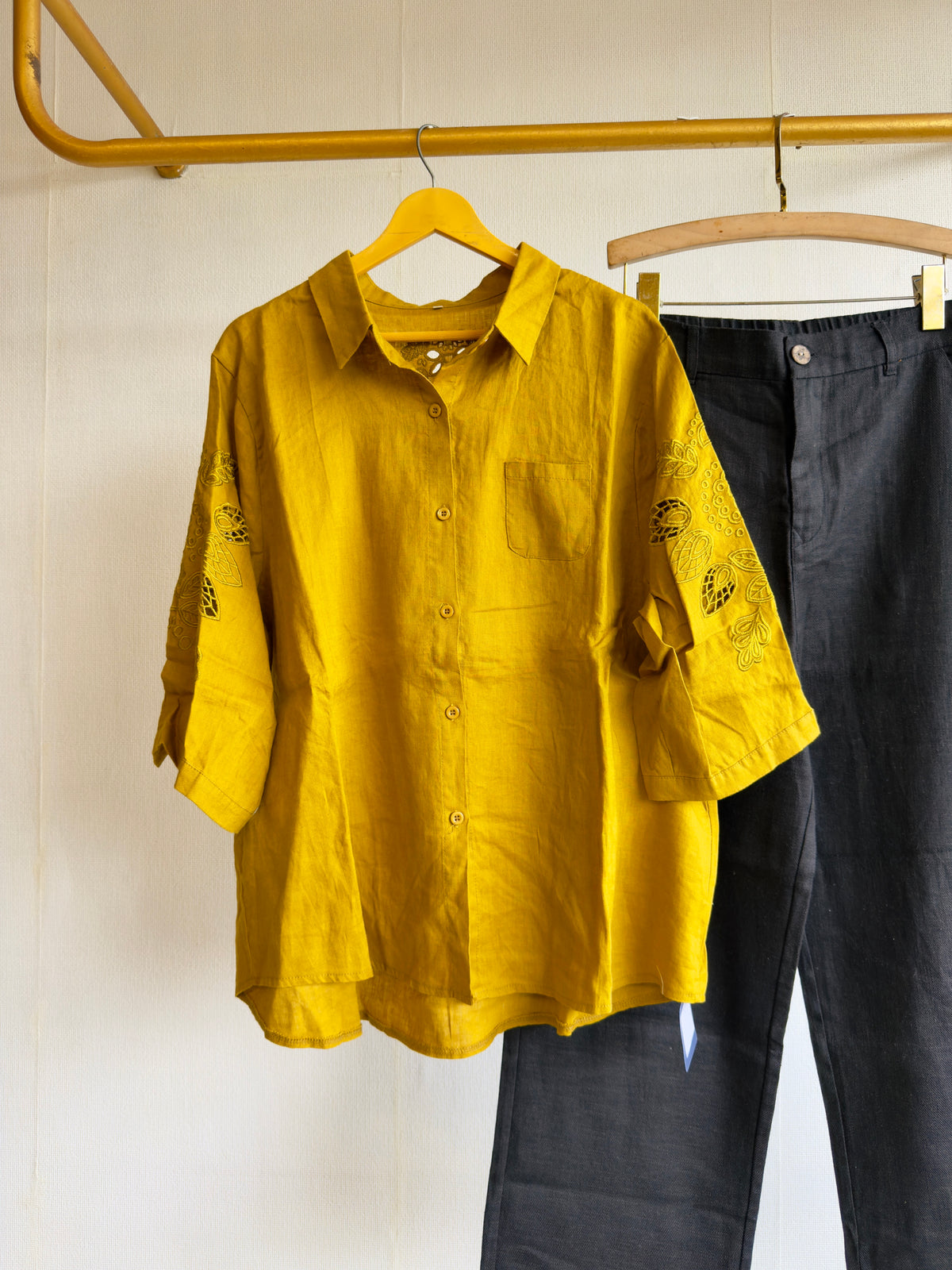 LINEN CUTWORK EMBROIDERY SHIRT WITH LINEN STRAIGHT PANT SET