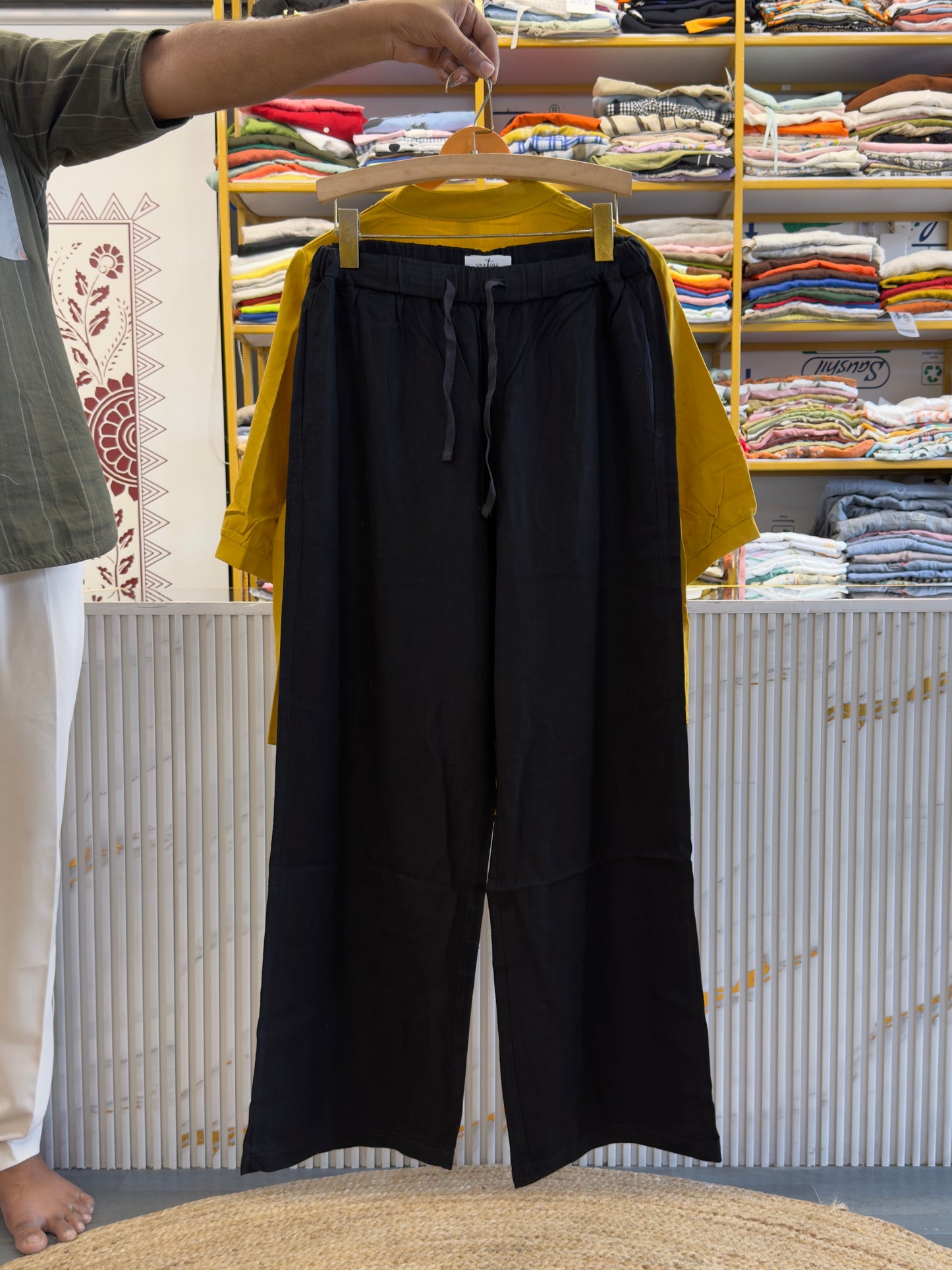 YELLOW MUL  COTTON EMBROIDERY TOP  WITH LINEN PANT SET