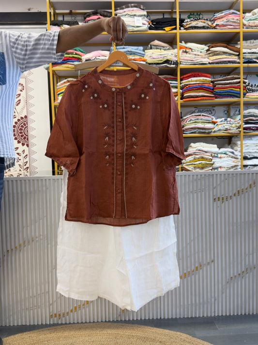 RUST EMBROIDERY LINEN TOP  WITH LINEN  PANT SET