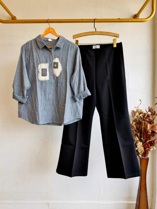 SMALL CHEX EMBROIDERY MUL COTTON SHIRT TOP WITH BELL BOTTOM PANT SET