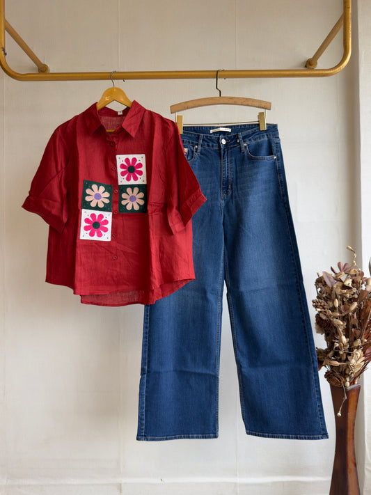 RED CROCHET PATCH EMBROIDERY LINEN SHIRT WITH IMPORTED SOFT DENIM PANT SET