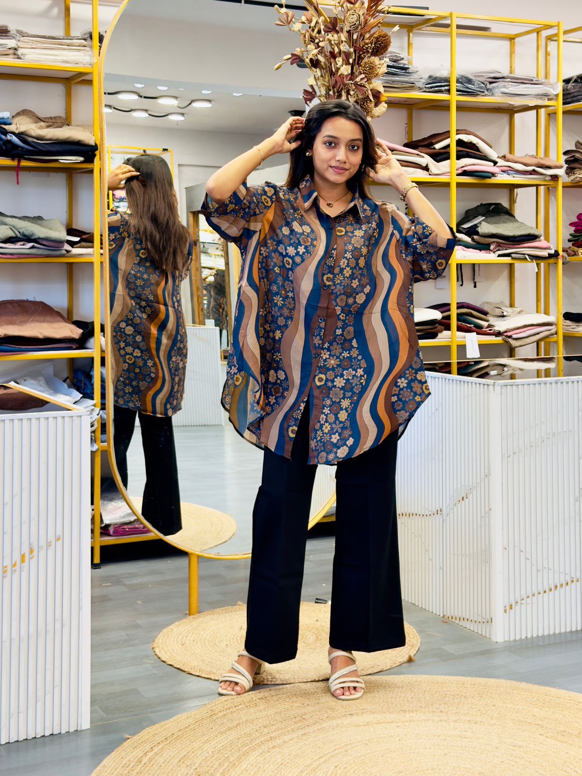 PRINTED  LONG SHIRT  WITH BELL BOTTOM PANT SET
