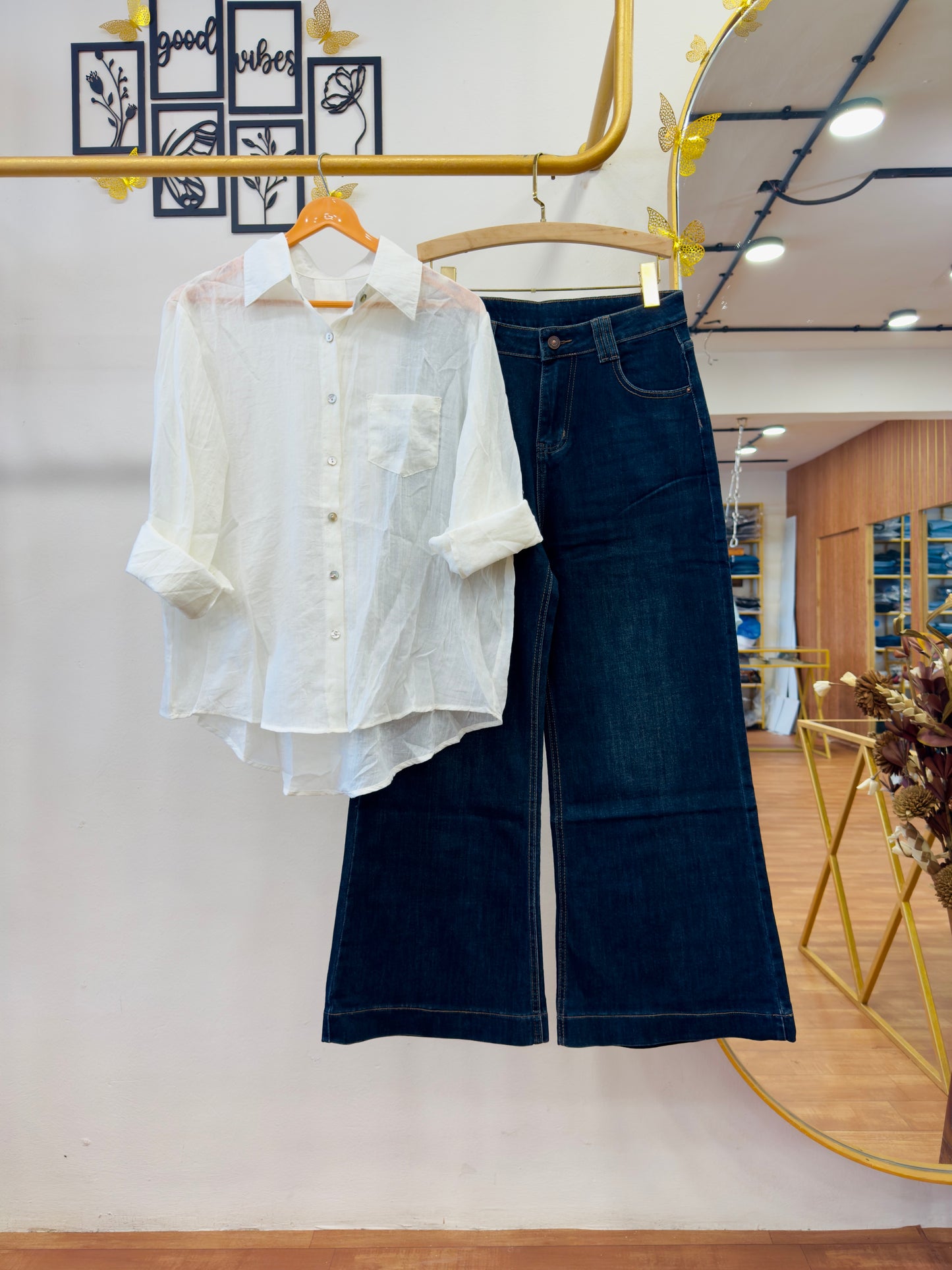 PLAIN PURE MUL COTTON SHIRT WITH STRAIGHT IMPORTED DENIM PANT SET