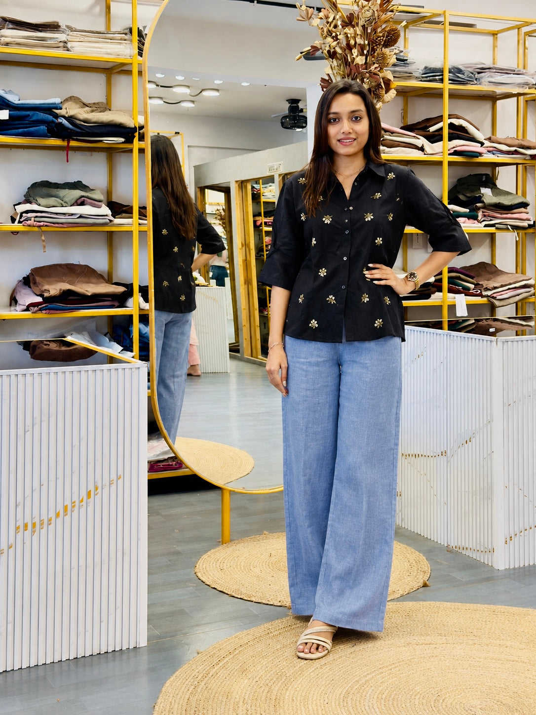 LINEN BLACK EMBROIDERY SHIRT WITH LINEN STRAIGHT PANT SET
