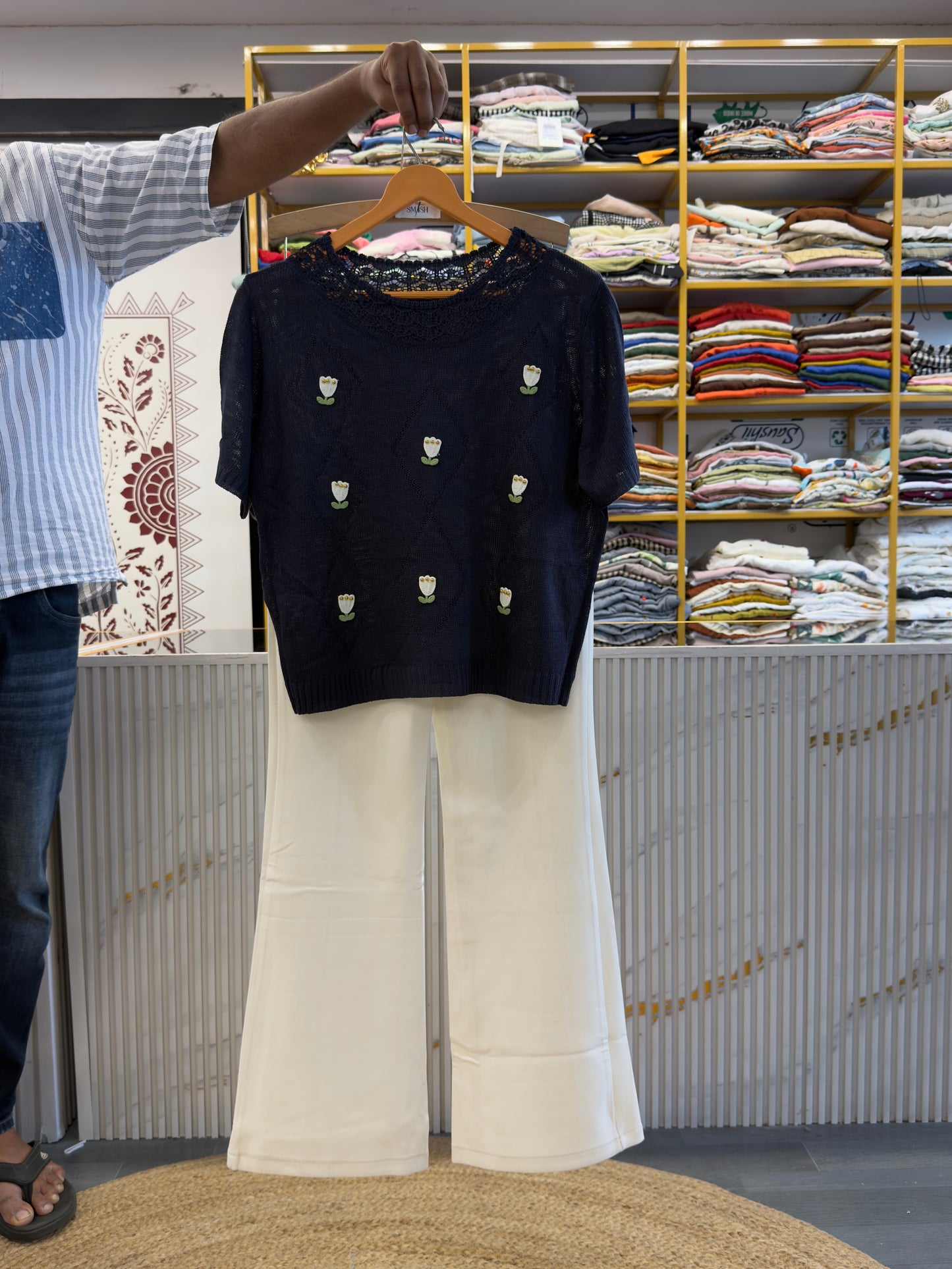 NAVY BLUE FLOWER CROTIA TOP WITH BELL BOTTOM PANT SET