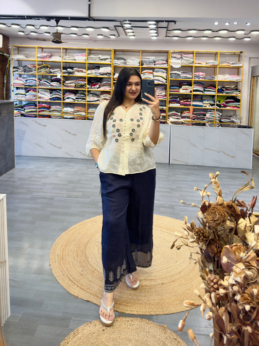 OFF WHITE LINEN FLOWER EMBROIDERY TOP WITH NAVY BLUE BOTTOM EMBROIDERY LINEN PLAZZO PANT
