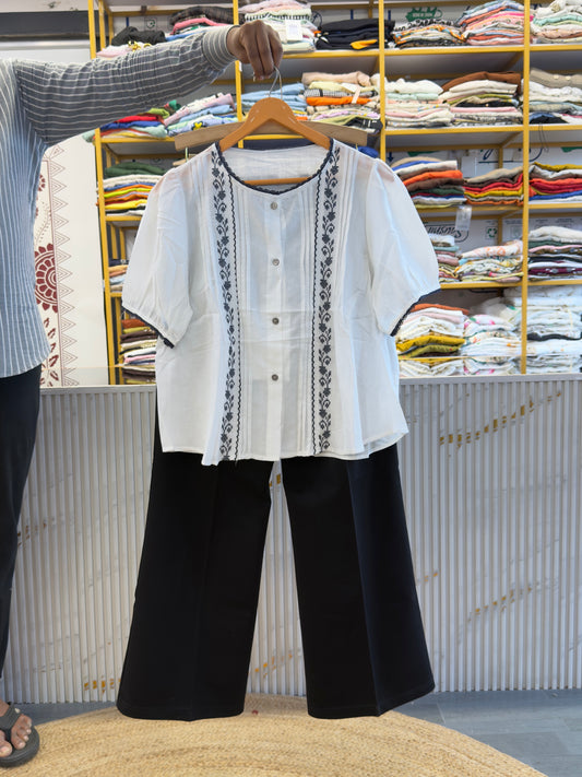 WHITE COTTON EMBROIDERY TOP WITH BELL BOTTOM PANT SET