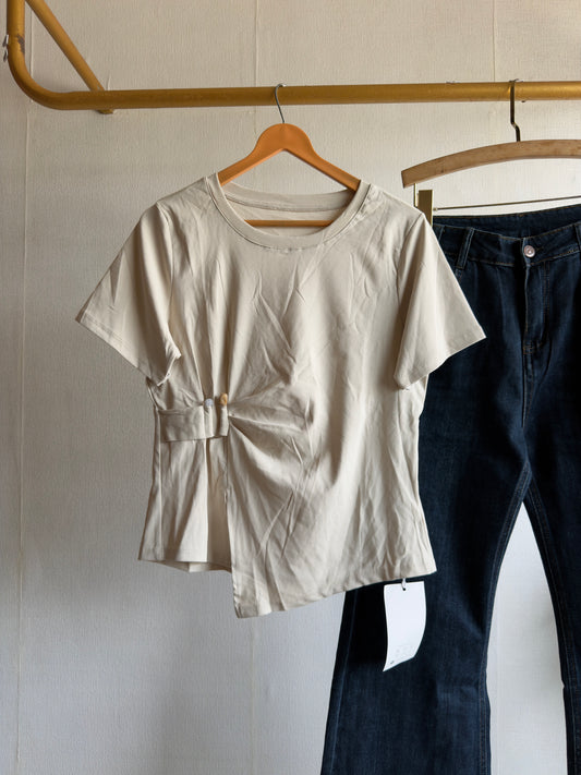 SKIN SHADE SIDE PEARL BROACH TSHIRT WITH BELL BOTTOM FIT DENIM PANT SET