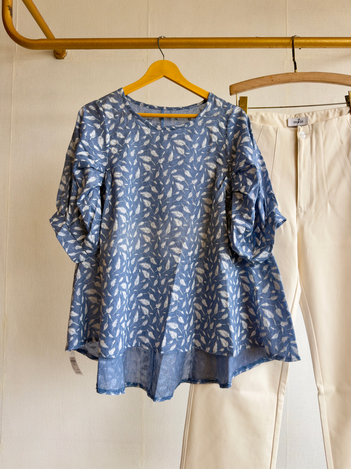 BLUE LEAF PRINT CASUAL TOP WITH STRAIGHT TROUSER PANT SET