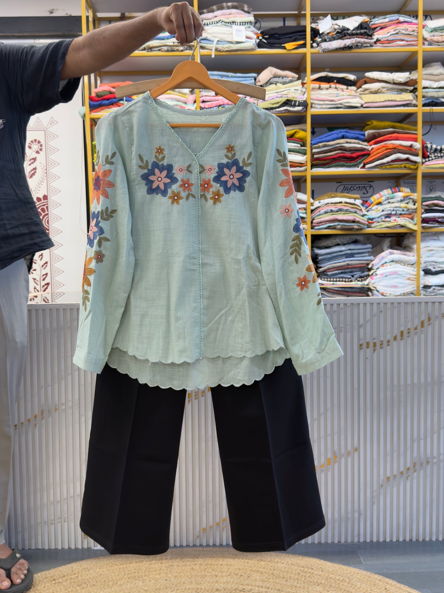 SEA GREEN COTTON EMBROIDERY TOP WITH BELL BOTTOM PANT SET