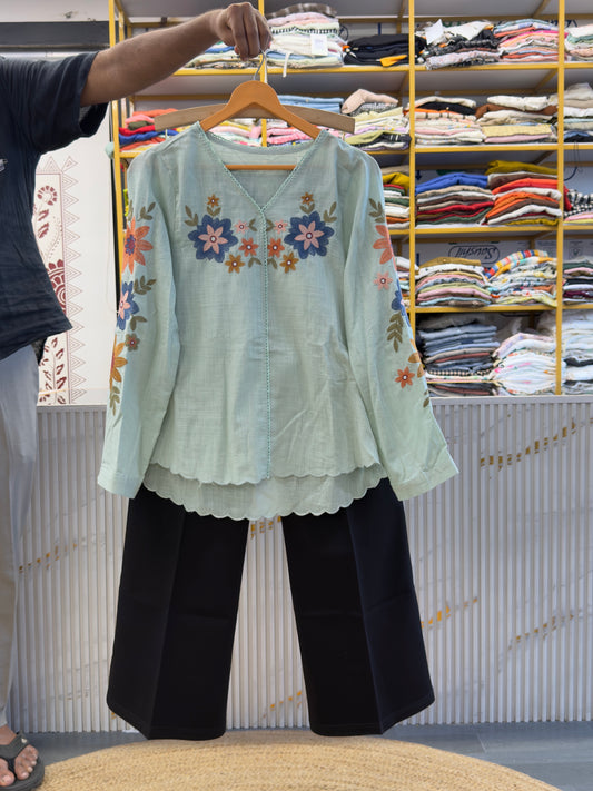 SEA GREEN COTTON EMBROIDERY TOP WITH BELL BOTTOM PANT SET