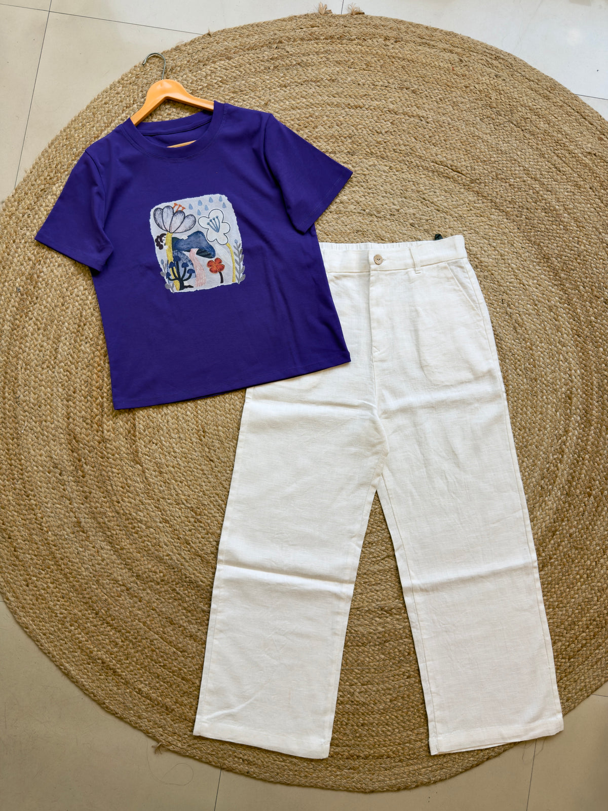 TRENDING COLOUR COTTON PRINT TSHIRT WITH LINEN STRAIGHT PANT SET