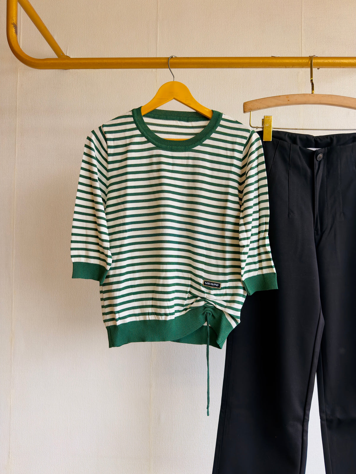 GREEN STRIPS SOFT KNITTING TEES  WITH STRAIGHT PANT SET
