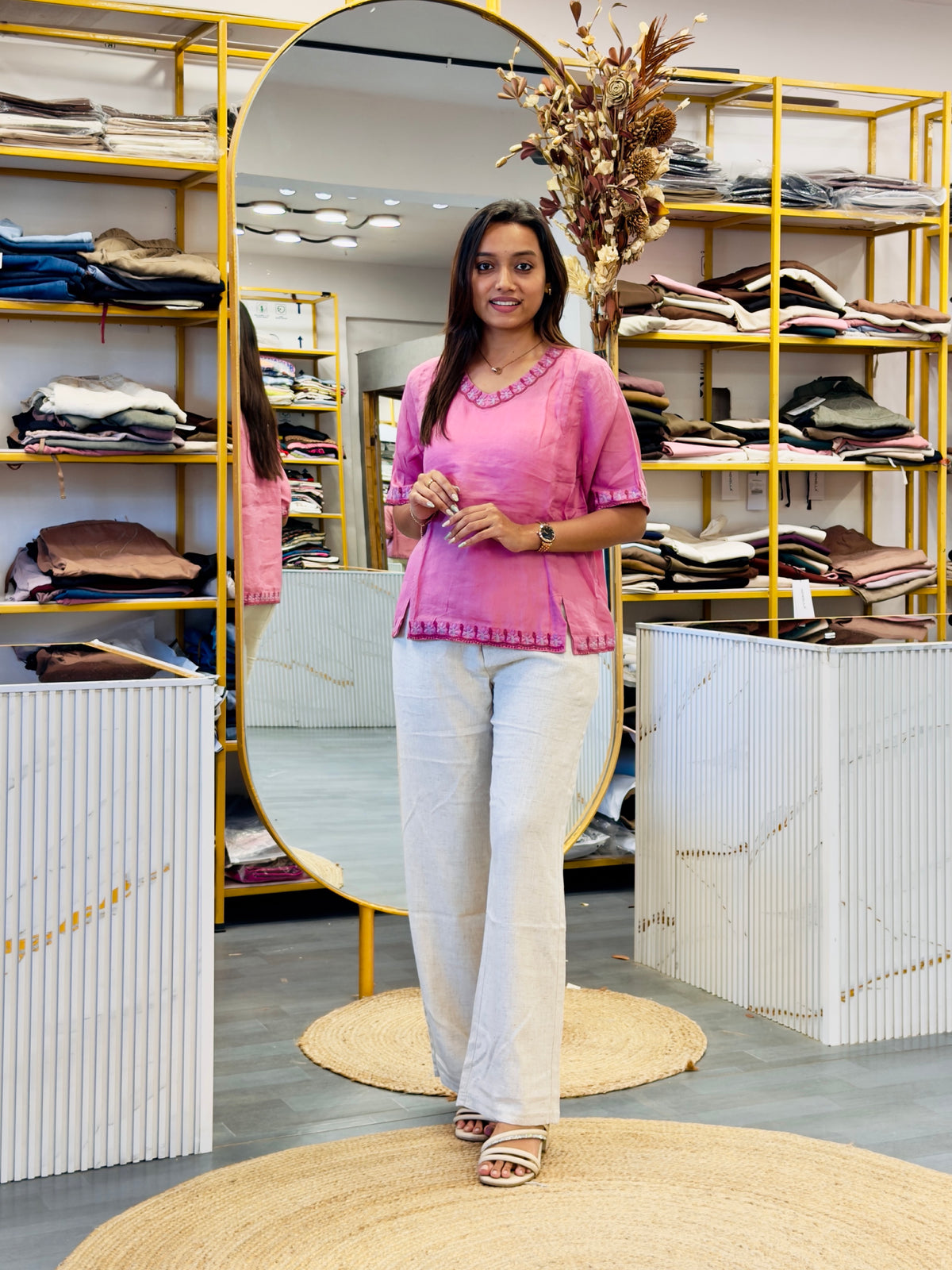 PINK LINEN EMBROIDERY TOP WITH LINEN STRAIGHT PANT SET