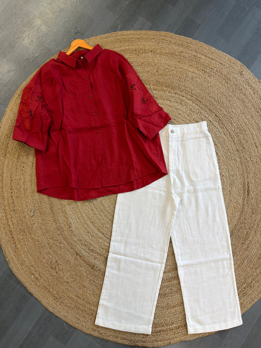 RED CUTWORK EMBROIDERY LINEN SHIRT WITH LINEN STRAIGHT PANT SET
