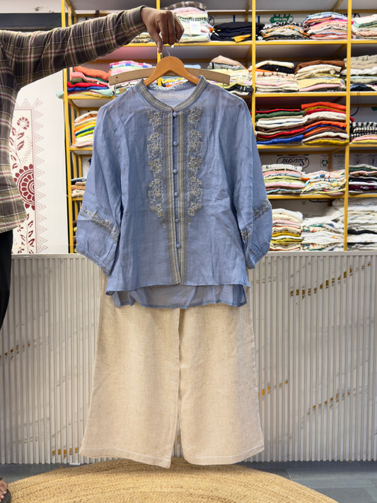 POWDER BLUE LINEN  EMBROIDERY TOP  WITH LINEN PANT SET