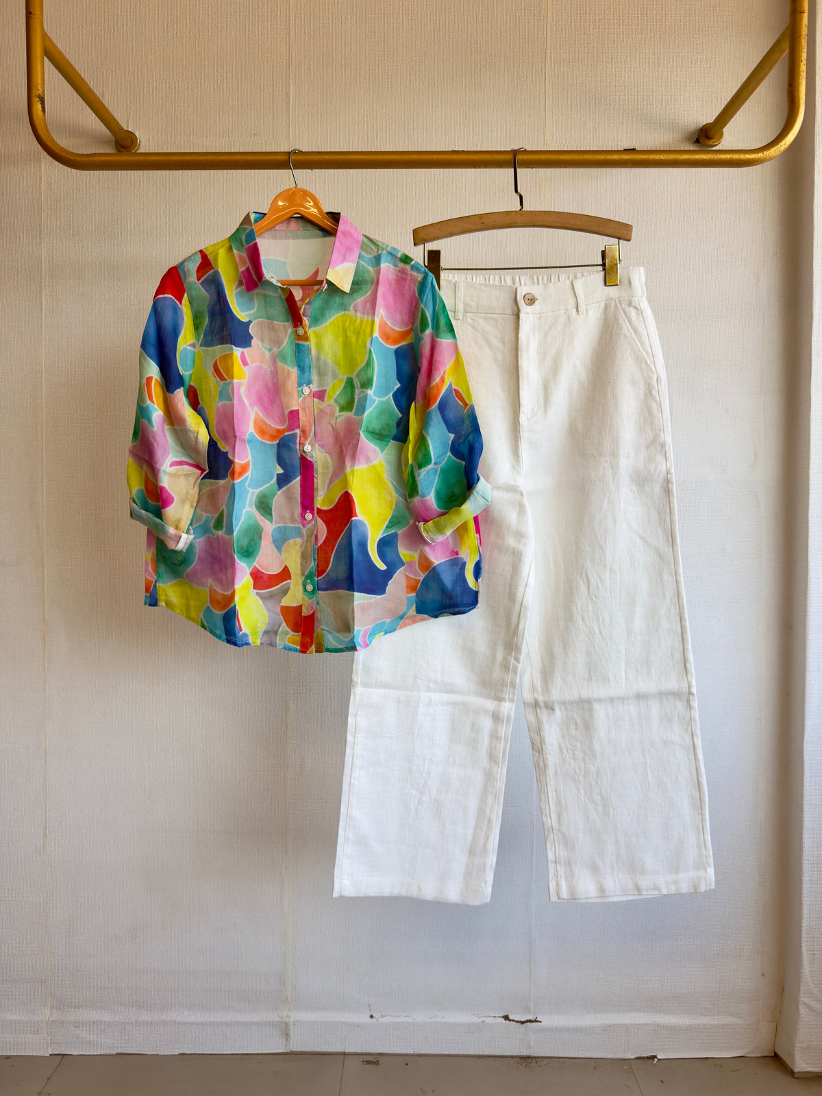 LINEN PRINT  SHIRT WITH LINEN STRAIGHT PANT SET