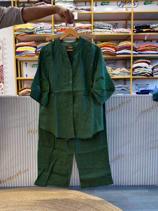DARK GREEN CUTWORK  LINEN TOP WITH LINEN COMFORTABLE PANT SET