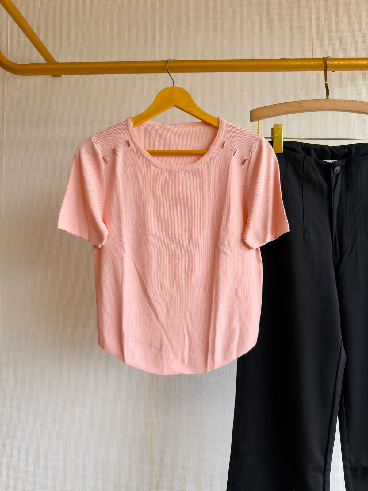 PINK SOFT KNITTING TEES  WITH STRAIGHT PANT SET