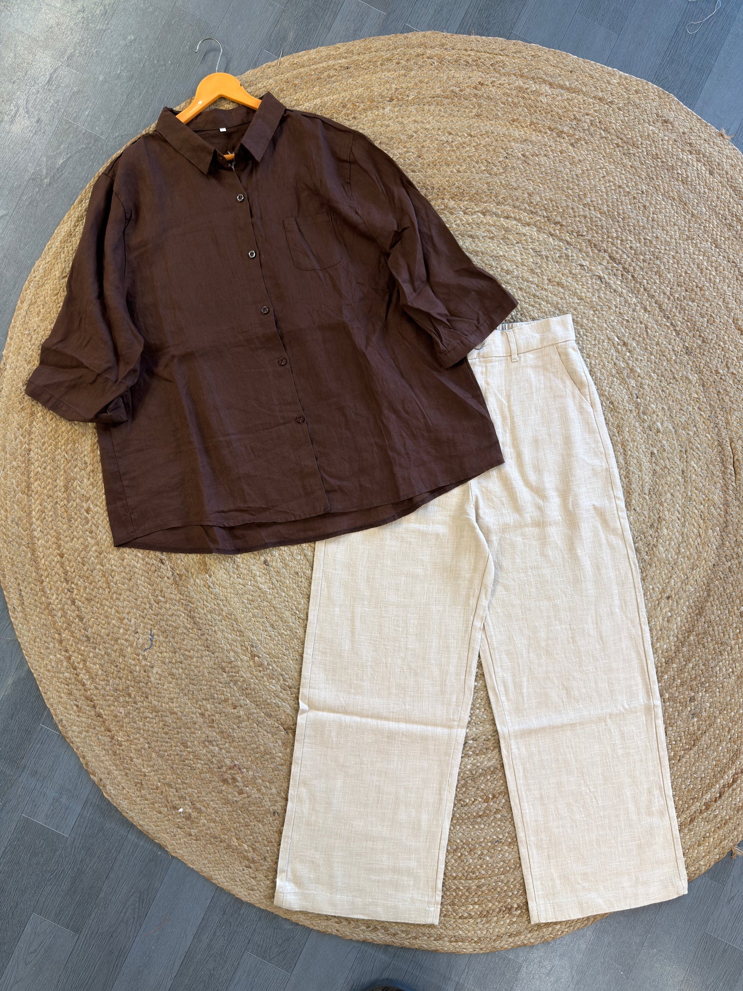 BROWN BACK EMBROIDERY LINEN SHIRT WITH LINEN STRAIGHT PANT SET