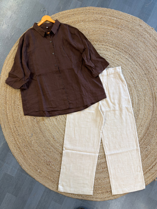 BROWN BACK EMBROIDERY LINEN SHIRT WITH LINEN STRAIGHT PANT SET