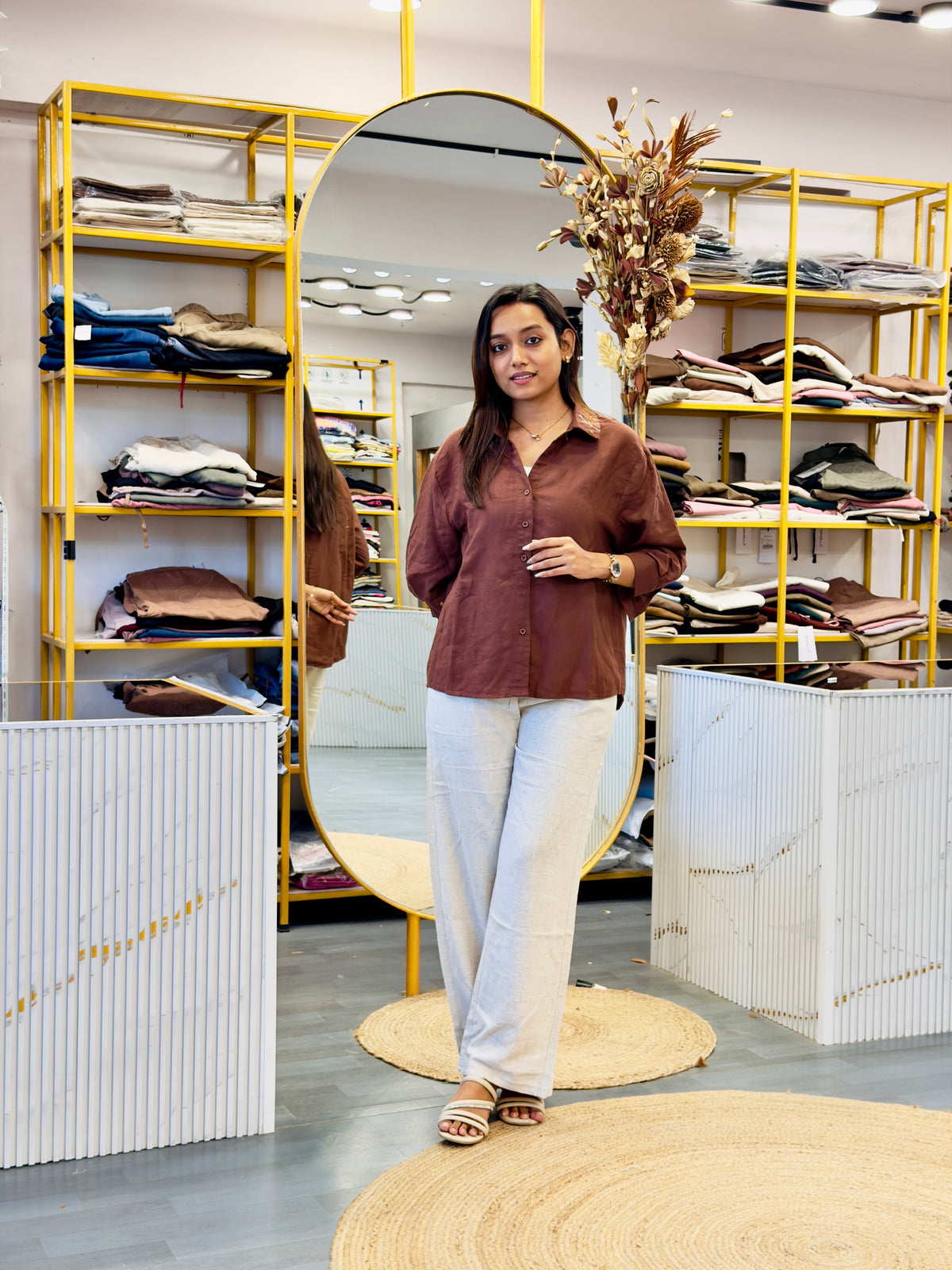 HAND WORK COLLAR EMBROIDERY LINEN SHIRT WITH LINEN PANT SET