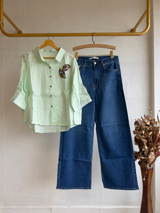 MINT SHADE LINEN BEADS EMBROIDERY SHIRT WITH IMPORTED SOFT DENIM PANT SET