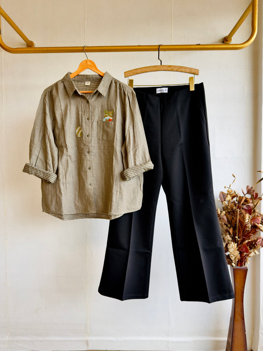 STRIP EMBROIDERY MUL COTTON SHIRT TOP WITH BELL BOTTOM PANT SET