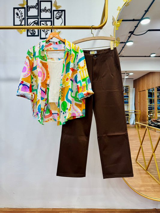 PRINTED LINEN SHIRT SPAGHETTI WITH STRAIGHT TROUSER PANT SET