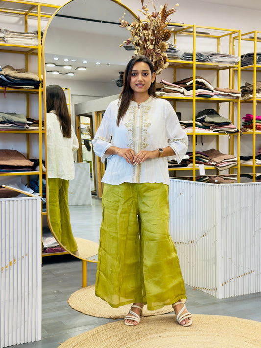 WHITE EMBROIDERY LINEN TOP  WITH LINEN  PANT SET