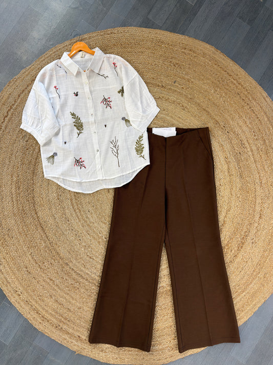 WHITE EMBROIDERY TOP WITH BELL BOTTOM PANT SET