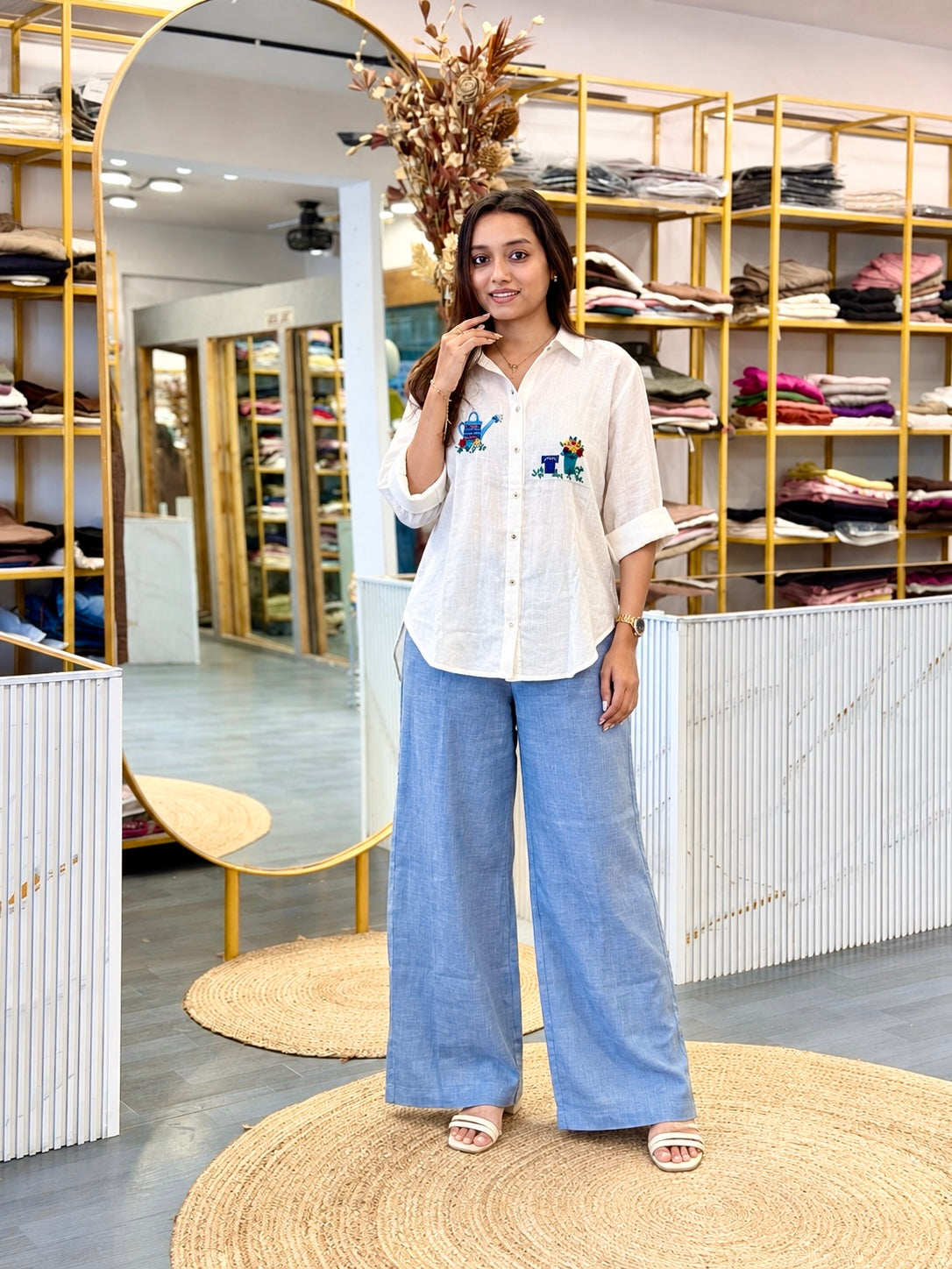 MUL COTTON EMBROIDERY SHIRT WITH LINEN STRAIGHT PANT SET
