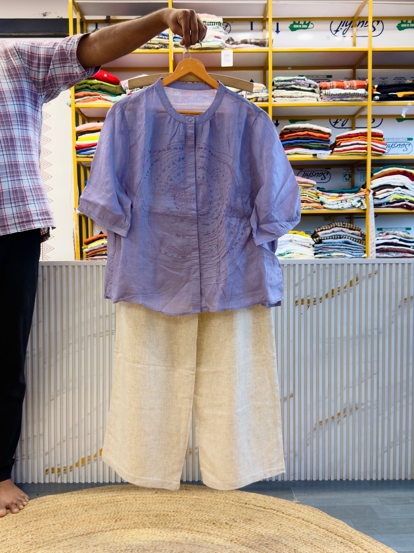 PURPLE LINEN WMBROIDERY TOP WITH LINEN PANT SET