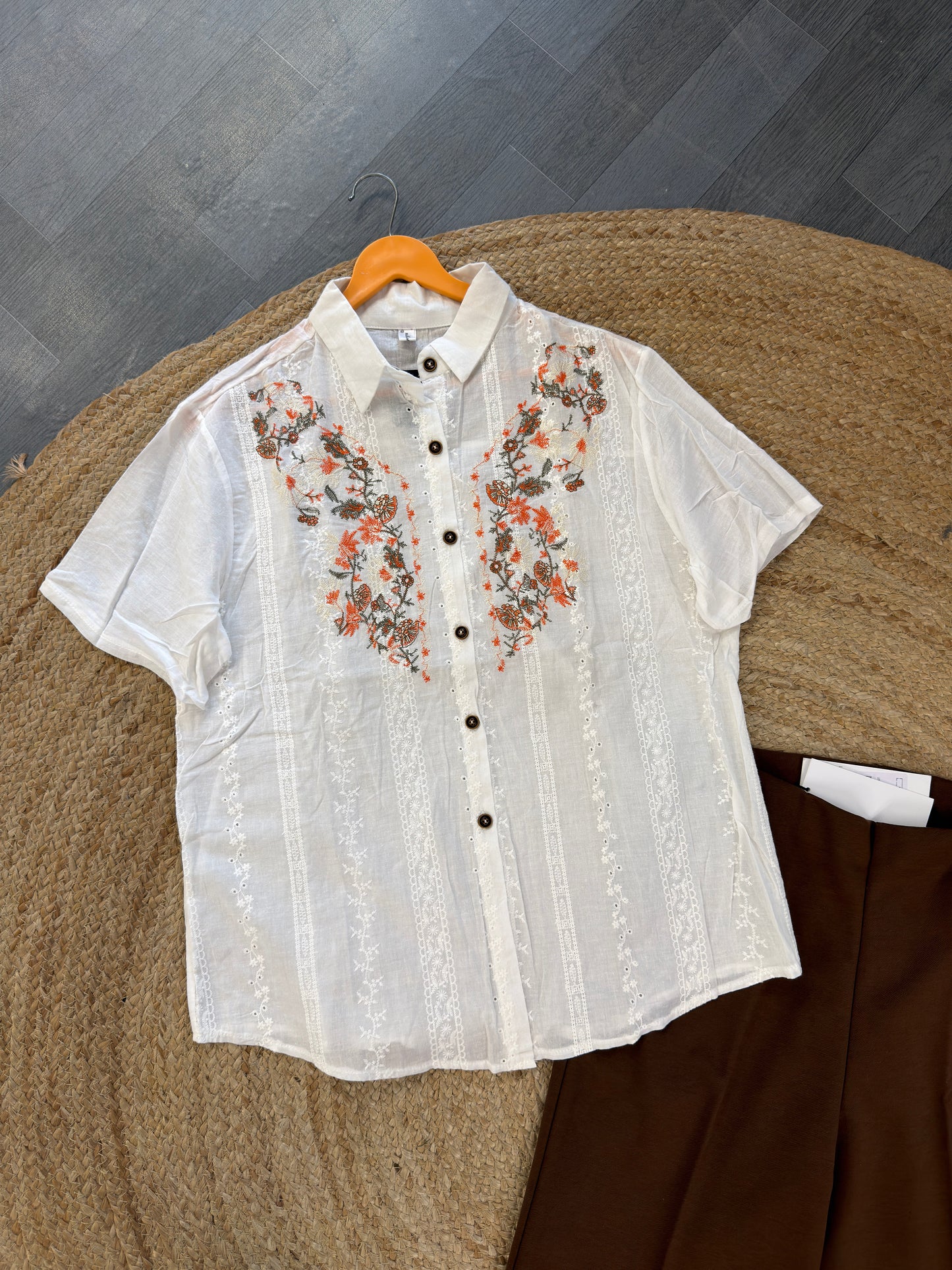 WHITE EMBROIDERY TOP WITH BELL BOTTOM PANT SET