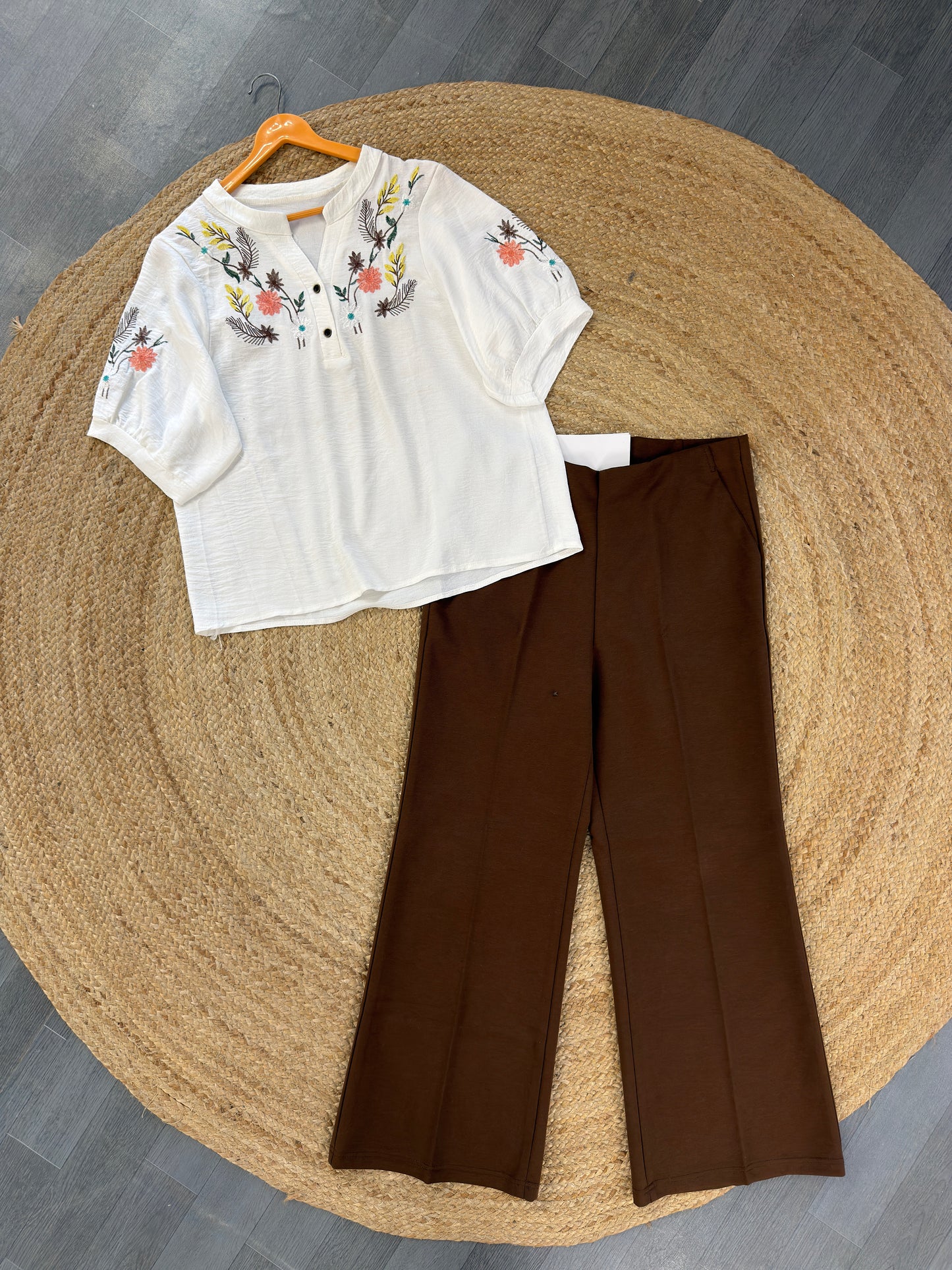 WHITE EMBROIDERY TOP WITH BELL BOTTOM PANT SET