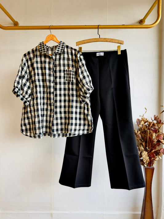 CHEX EMBROIDERY MUL COTTON SHIRT TOP WITH BELL BOTTOM PANT SET