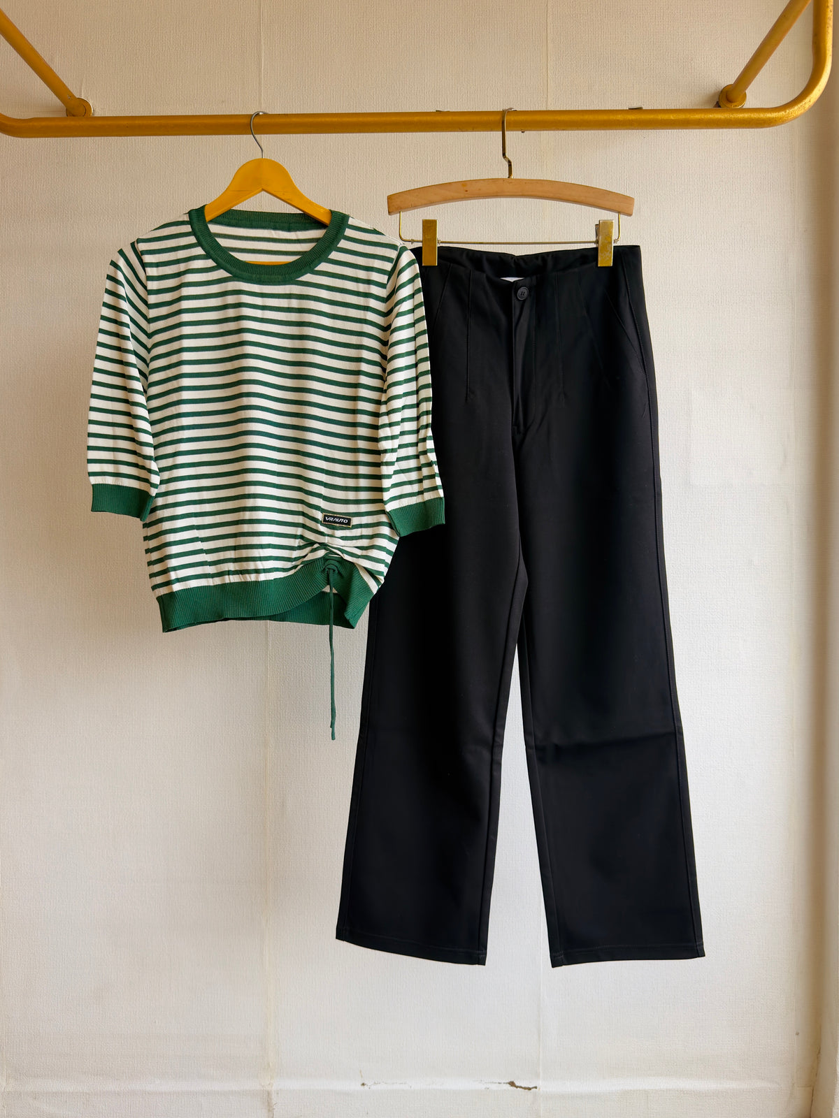 GREEN STRIPS SOFT KNITTING TEES  WITH STRAIGHT PANT SET