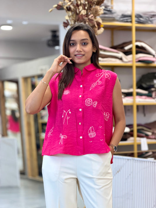 HOT PINK HAND WORK EMBROIDERED SLEEVELESS TOP