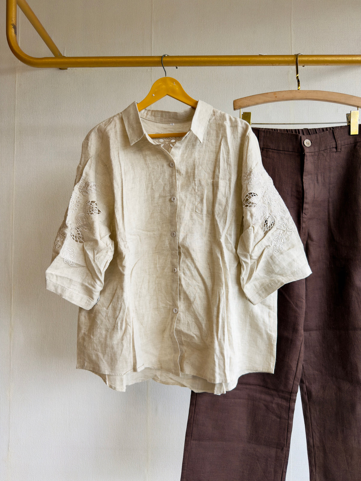 LINEN CUTWORK EMBROIDERY SHIRT WITH LINEN STRAIGHT PANT SET