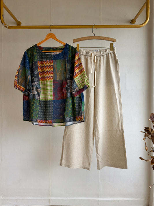 COTTON PRINTED TOP  WITH LINEN PANT SET
