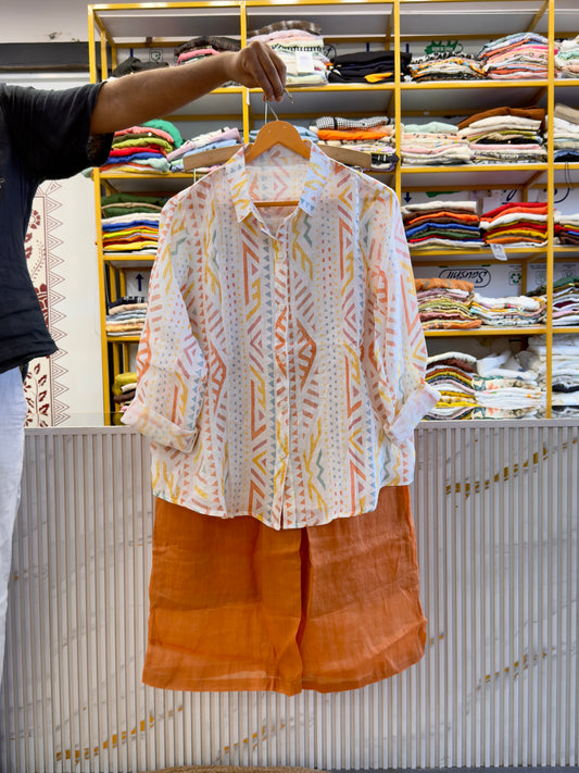 PRINT LINEN SHIRT  WITH LINEN  PANT SET
