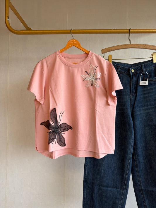 PINK FLOWER PATCH TSHIRT WITH BARREL FIT DENIM PANT SET