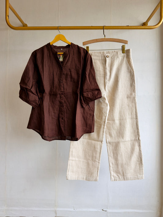 BACK FLOWER EMBROIDERY LINEN TOP WITH LINEN STRAIGHT PANT SET